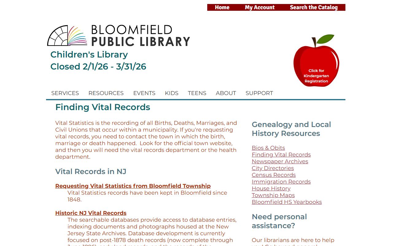 Bloomfield Public Library genealogy resources for historical records
