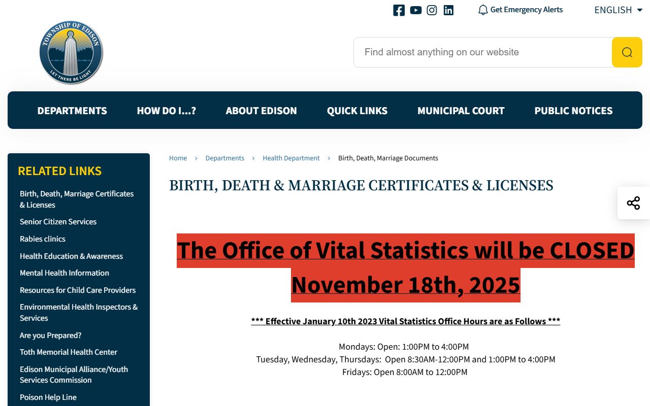 Edison Township Health Department vital records page for birth, death, and marriage certificates