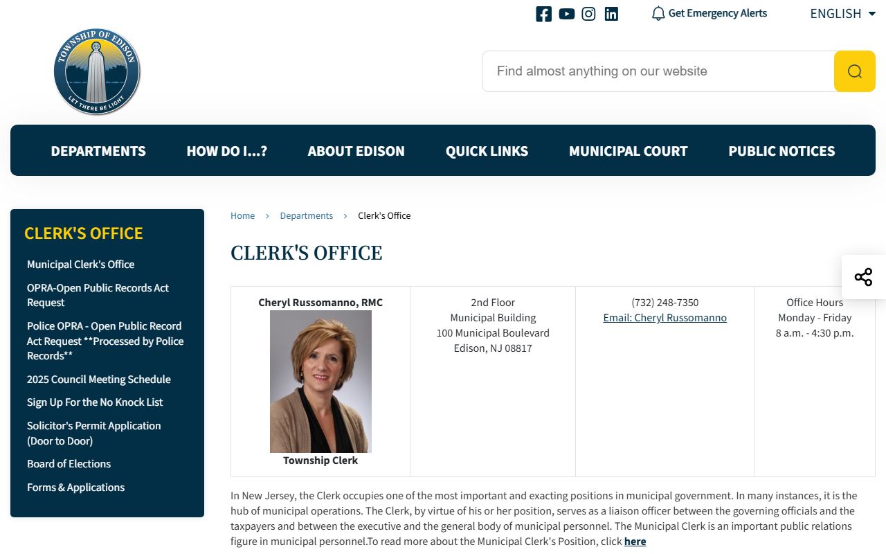 Edison Township clerk's office website for local government services