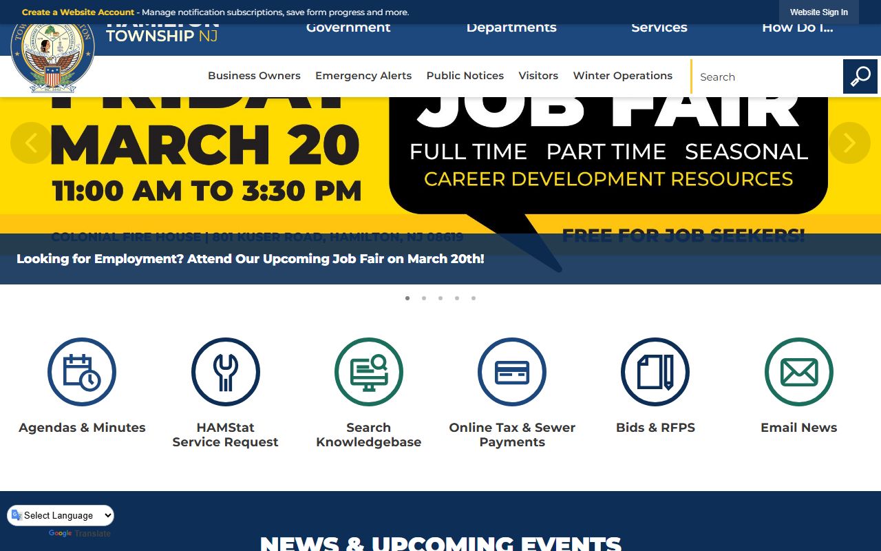 Hamilton Township official website showing clerk services and vital records information