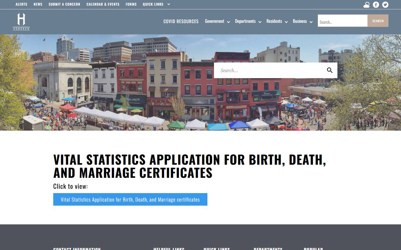 Hoboken vital statistics application forms for birth, death, and marriage certificates