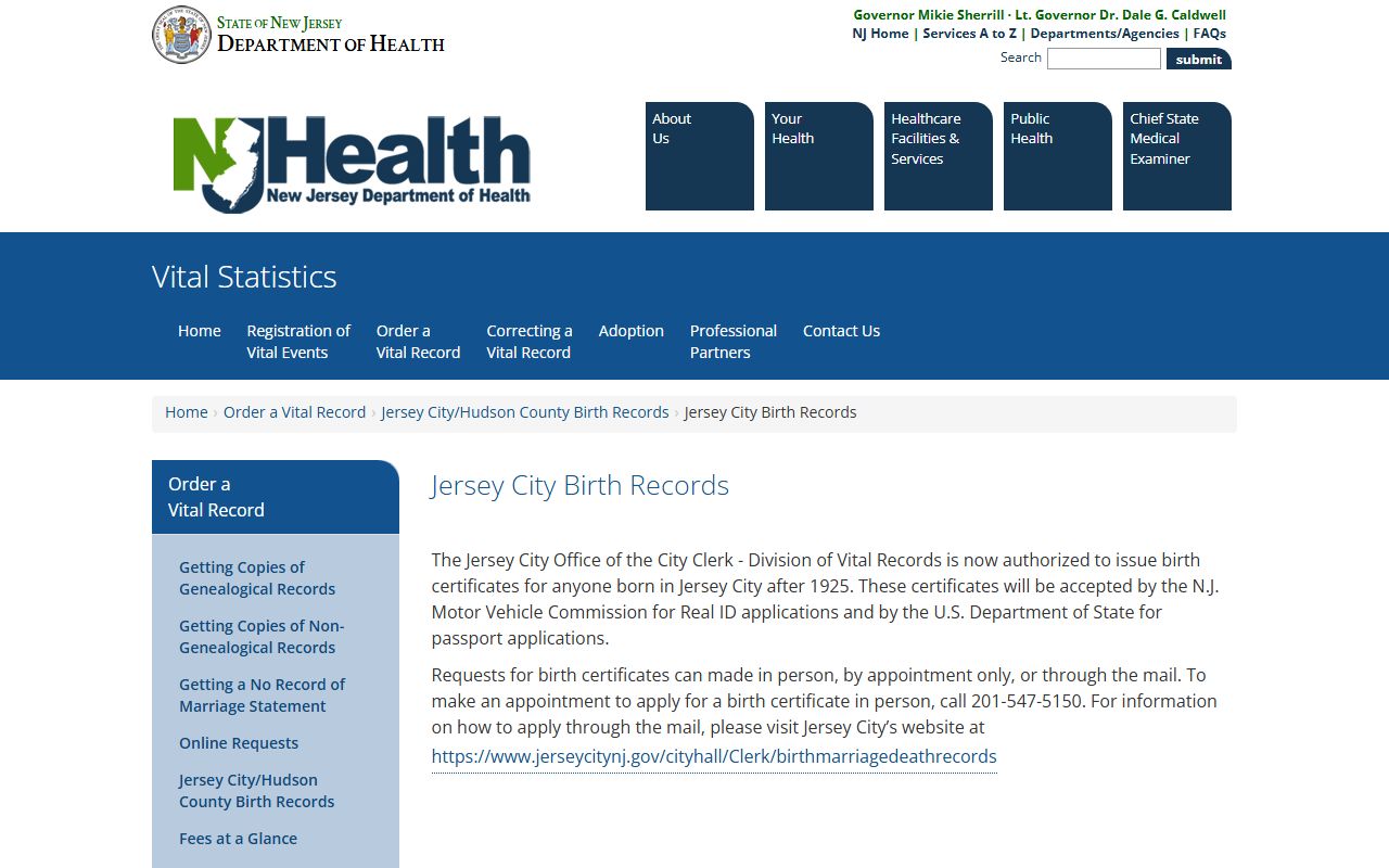 Jersey City vital records information from the NJ Department of Health