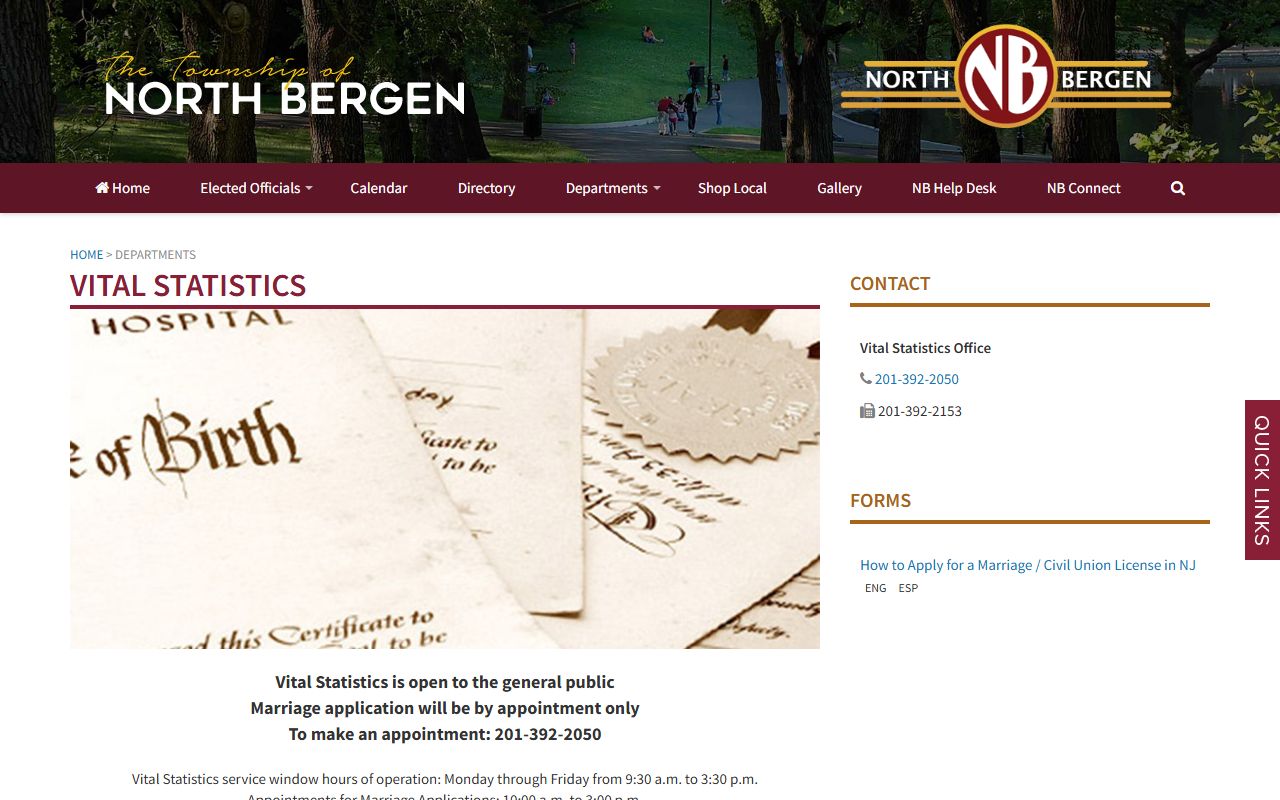 North Bergen Township vital statistics website for records access