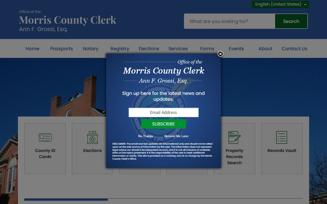 Morris County Clerk website homepage for public records and document filings