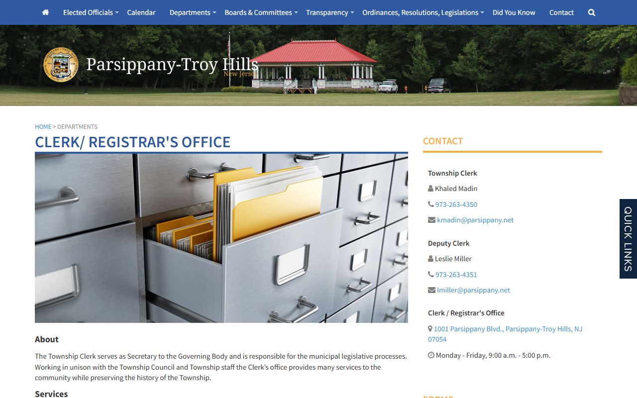Parsippany-Troy Hills Township Clerk-Registrar office website for vital records services