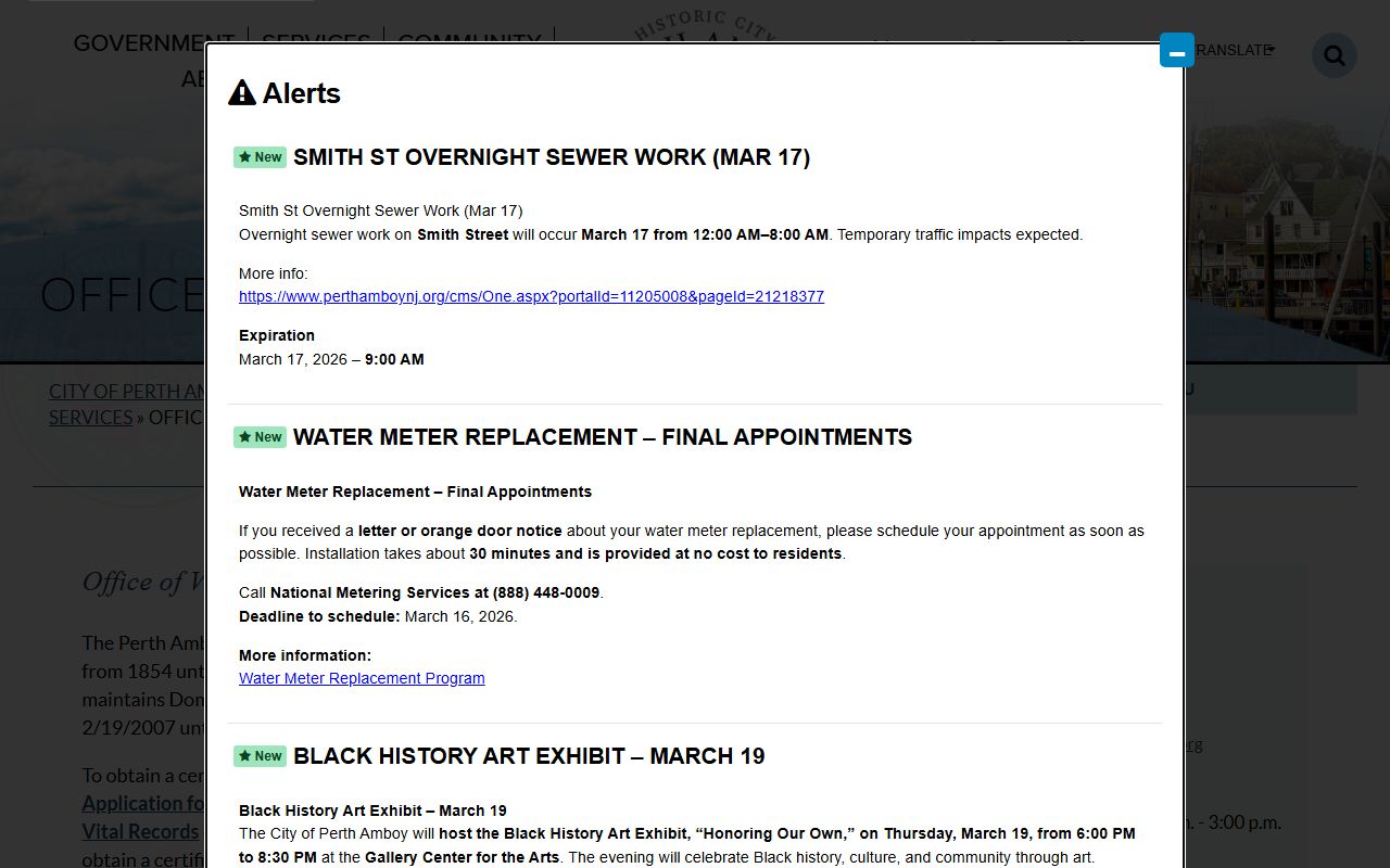 Perth Amboy Office of Vital Statistics website for birth, death, and marriage records