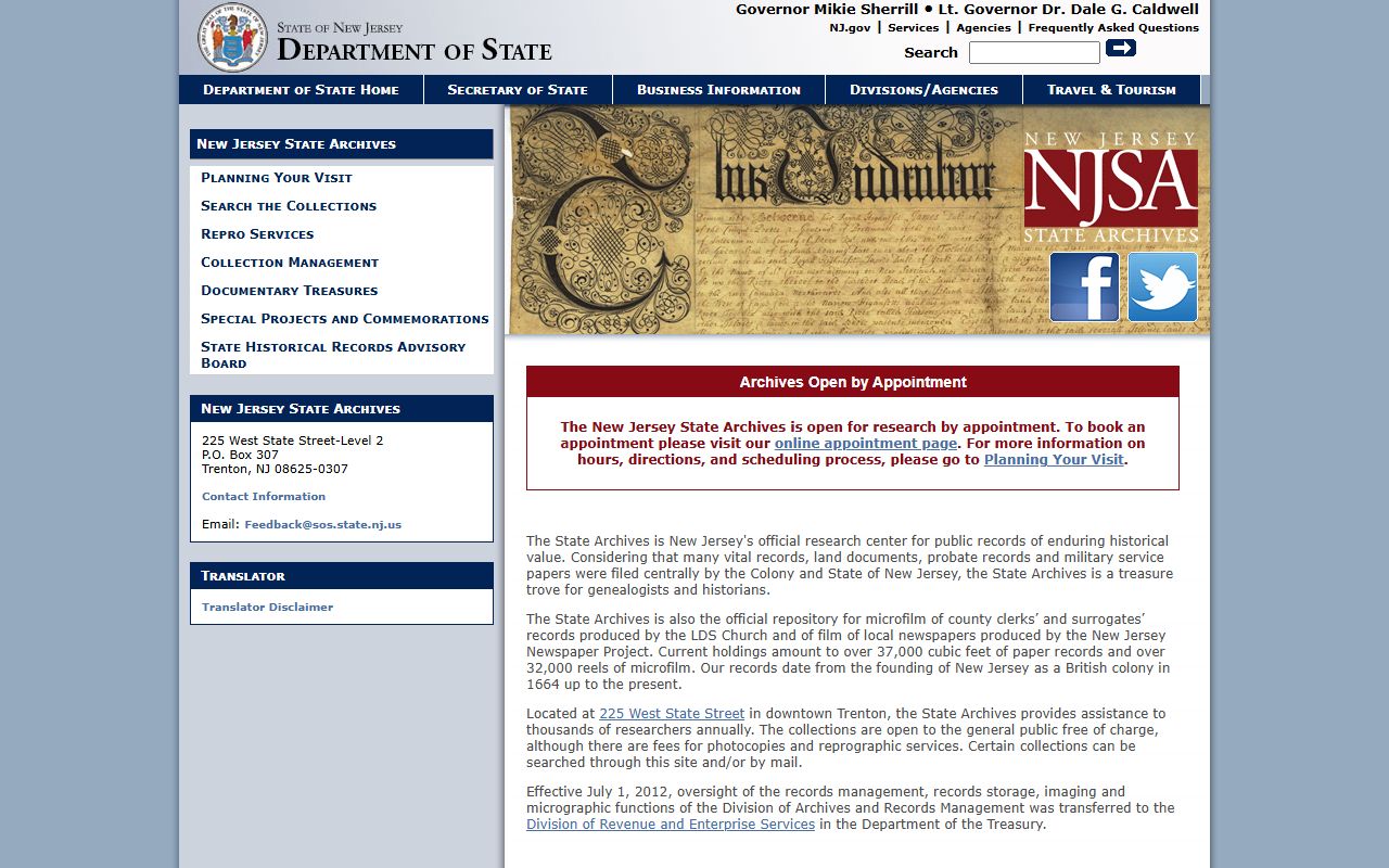 New Jersey state government website page for Piscataway Township vital records and divorce records