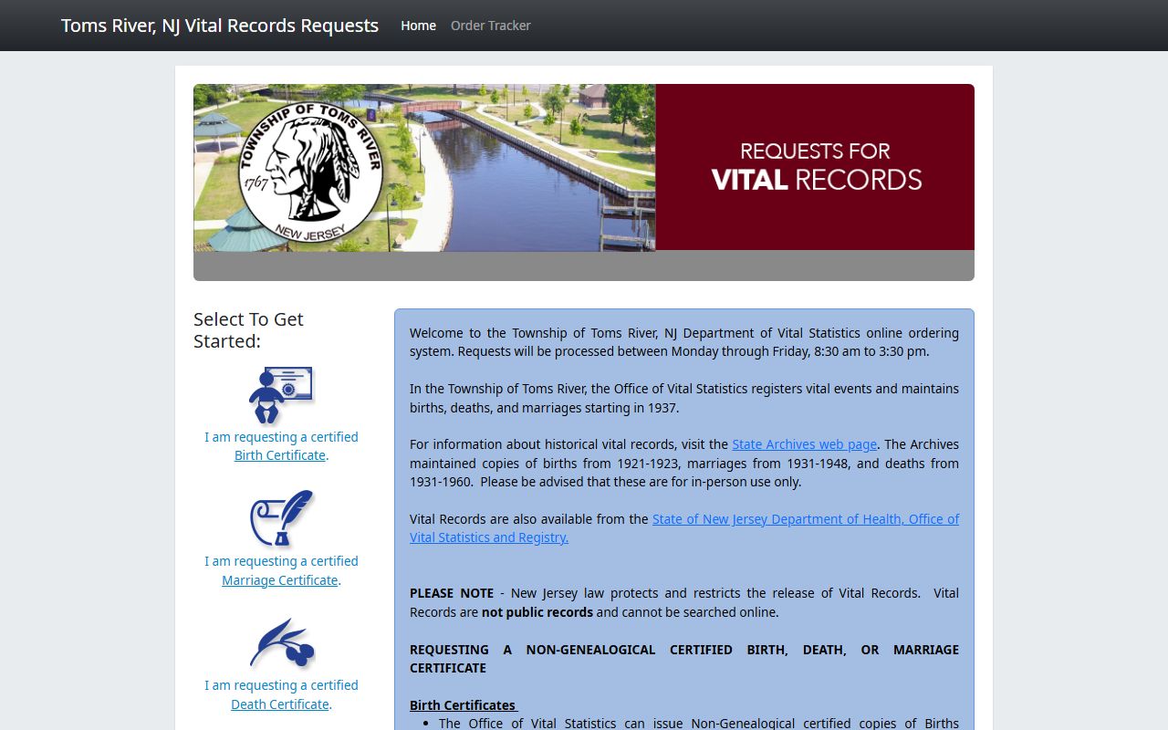 Toms River Township online vital records ordering portal for birth, death, and marriage certificates