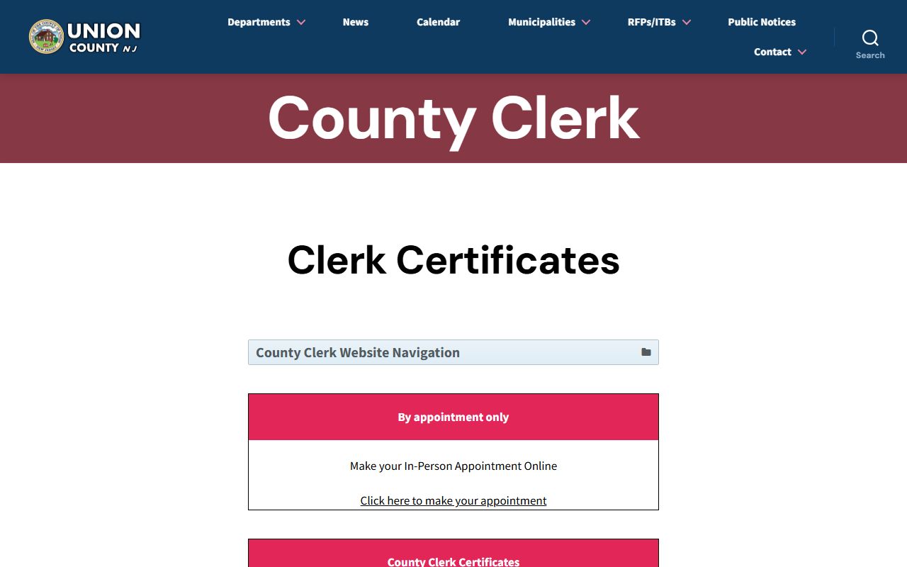 Union County Clerk certificates page for obtaining court and vital records