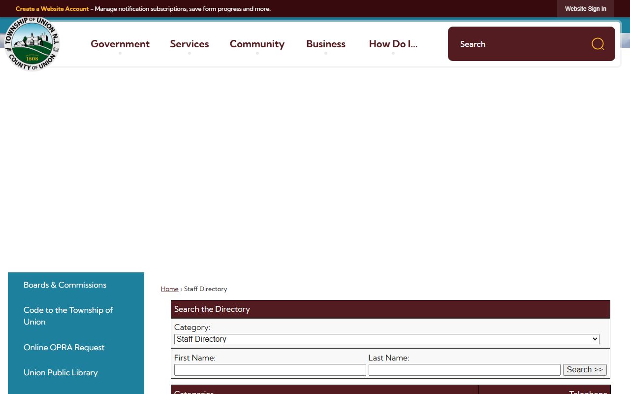 Union Township municipal directory page listing vital statistics and other township departments
