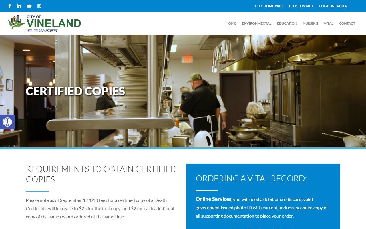 Vineland online portal for ordering certified copies of vital records