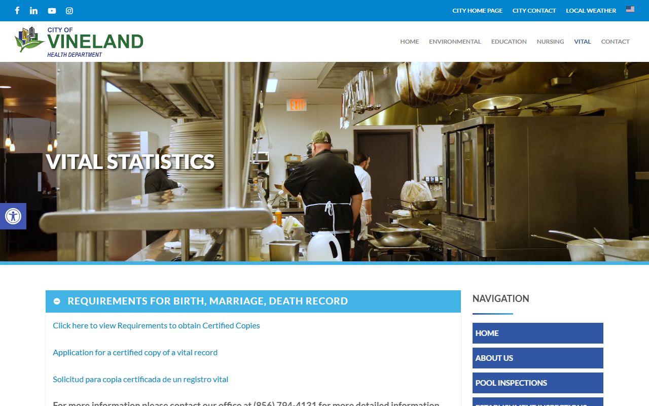 Vineland vital statistics page showing available records and services