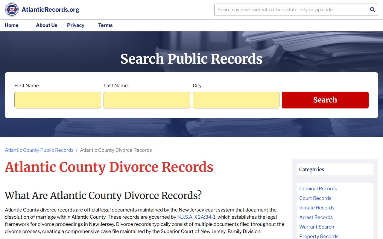 Atlantic County Clerk official records website for divorce records