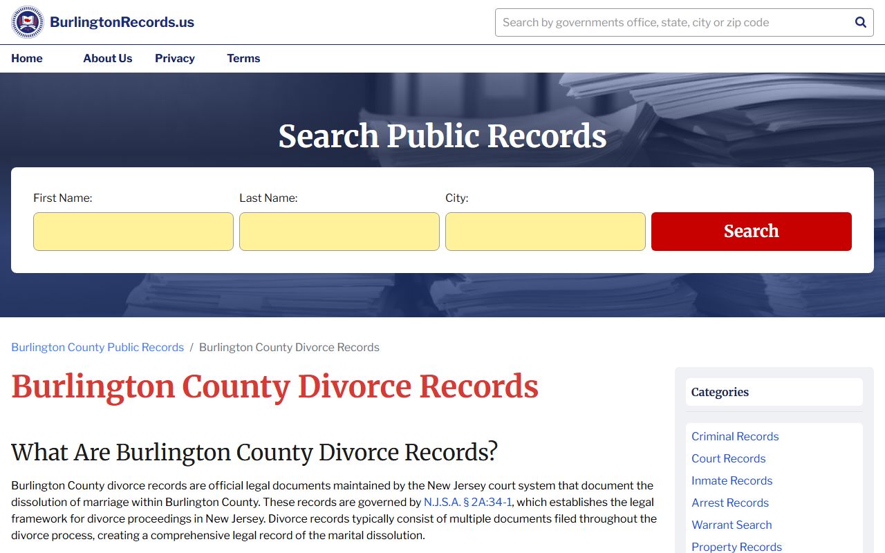 Burlington County official records website for divorce records search