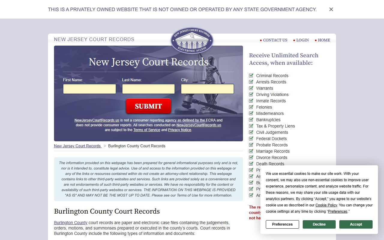 Burlington County court records page for divorce records lookup