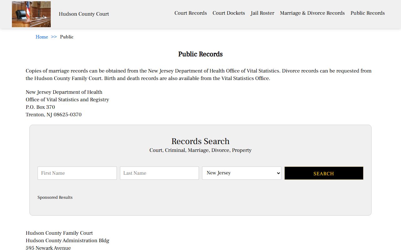 Hudson County court records access page for divorce records