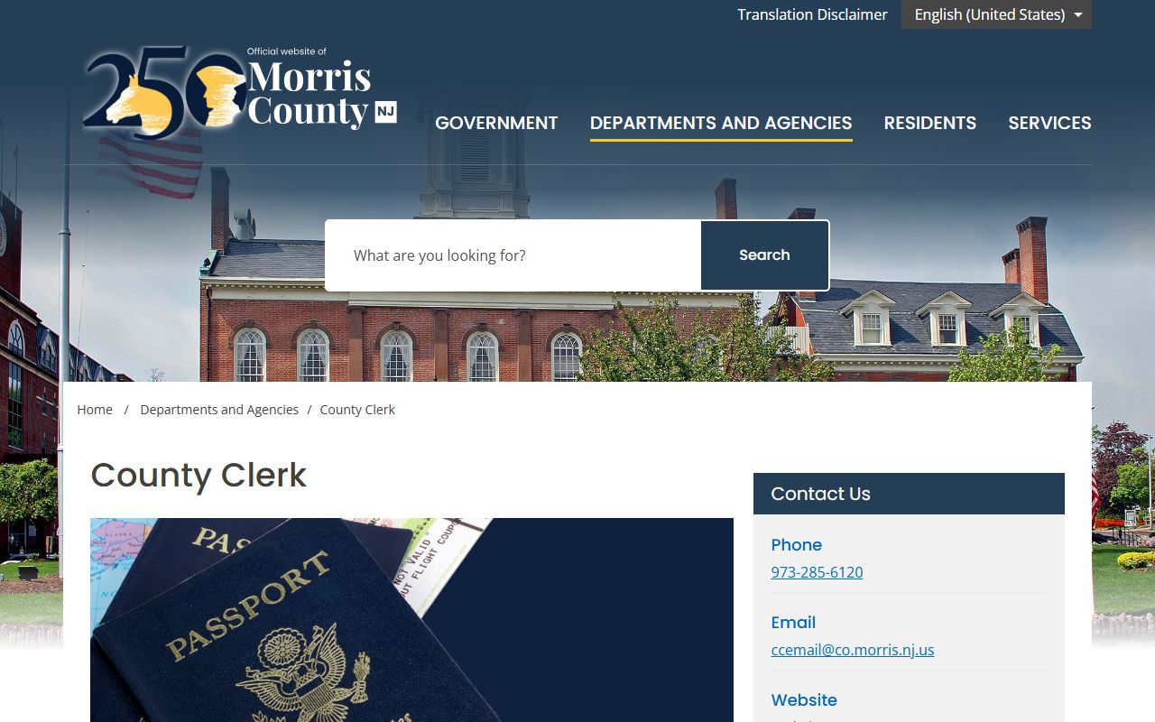 Morris County Clerk departments page for divorce records
