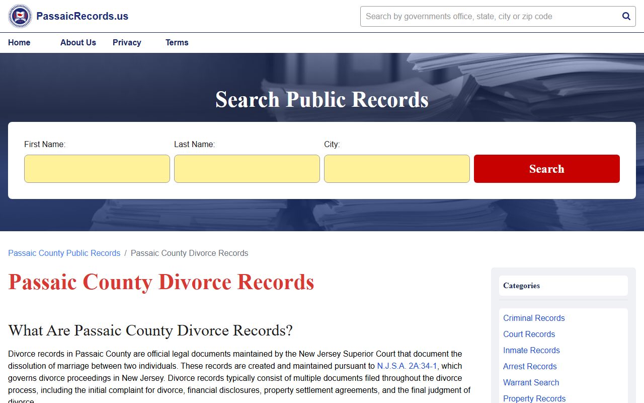 Passaic County Clerk official records website for divorce records