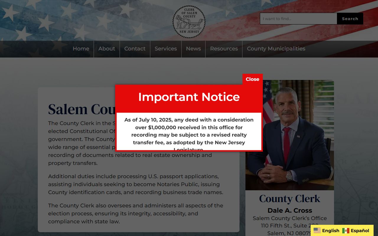 Salem County Clerk official website for county records