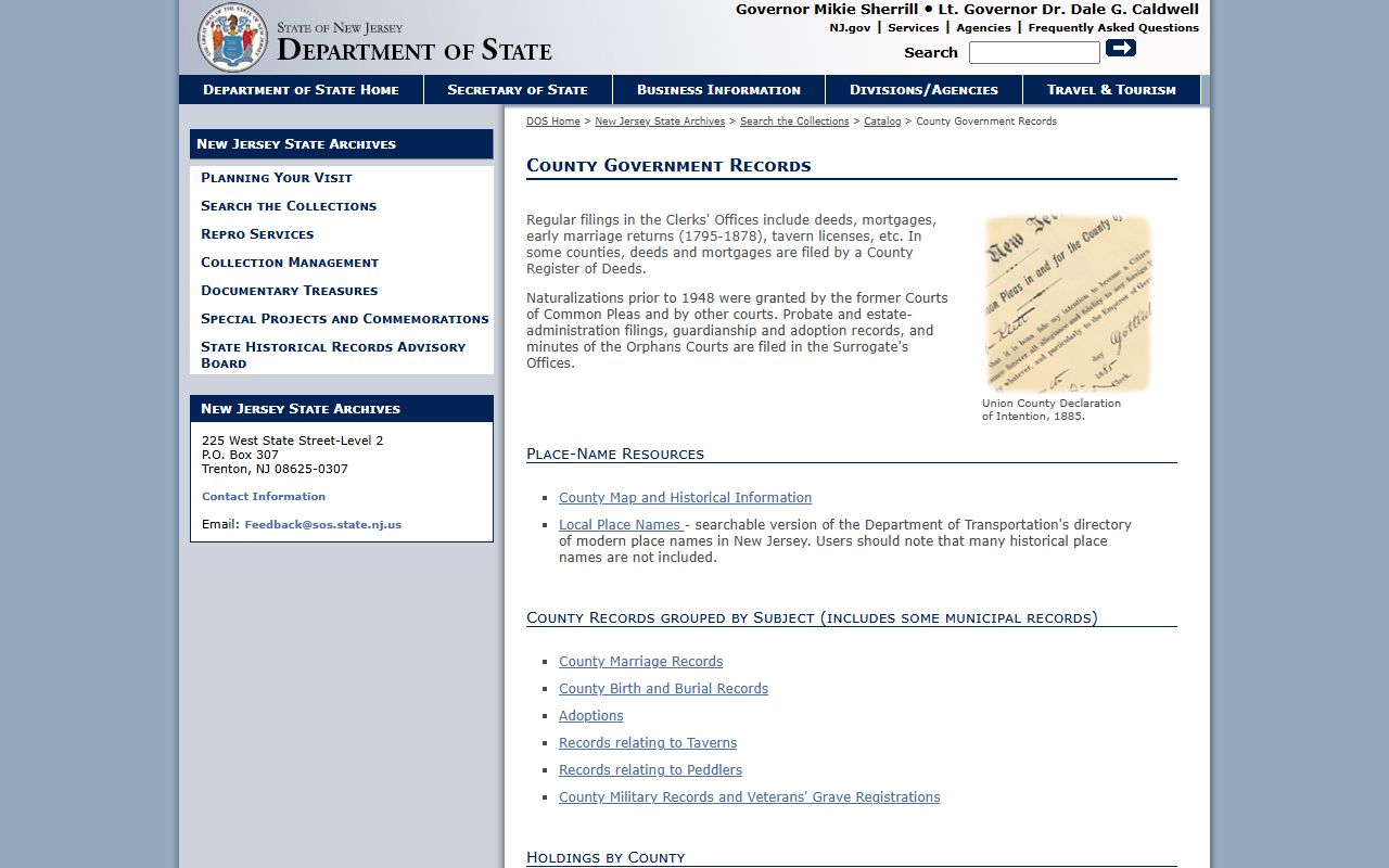 New Jersey State Archives catalog for Salem County divorce records
