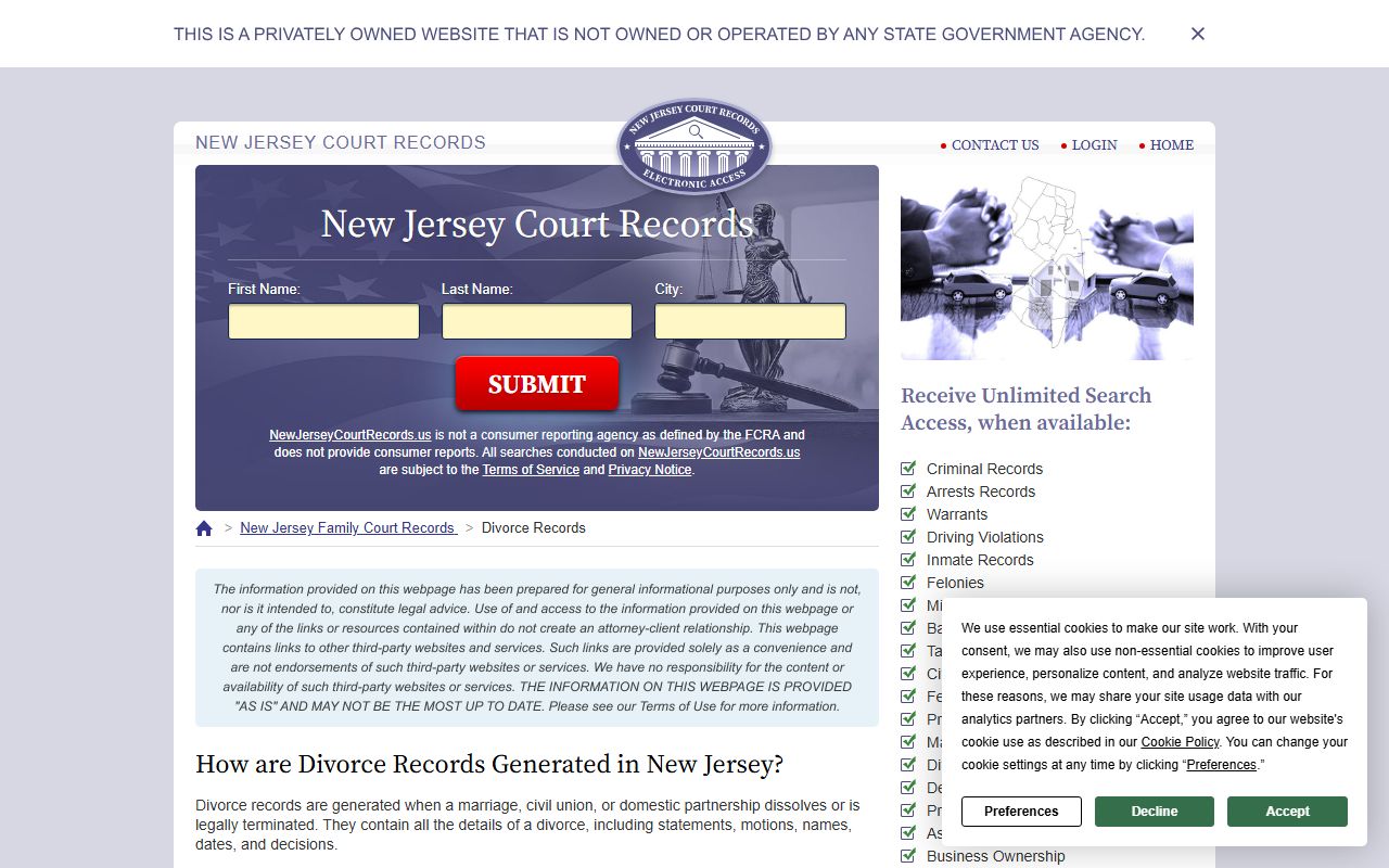 New Jersey Courts page showing divorce forms available